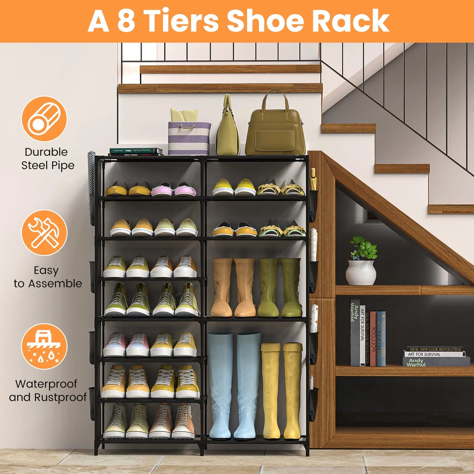 Black 8 Tier Metal Shoe Storage Shelf U902