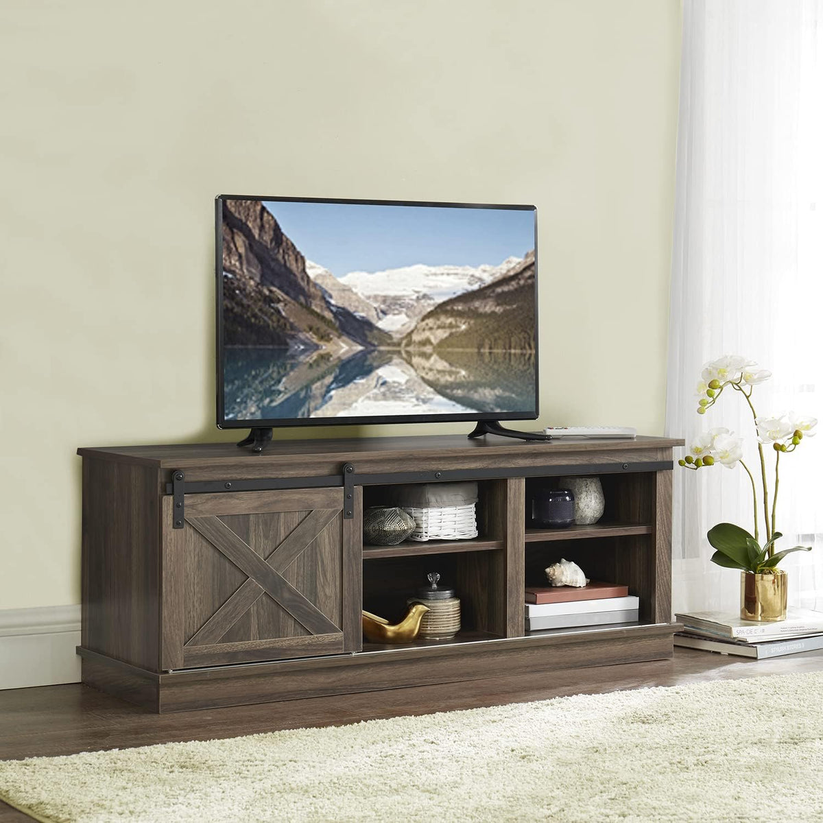 Natural Sliding Barn Door TV Stand with Storage Cabinet and Shelves H65799