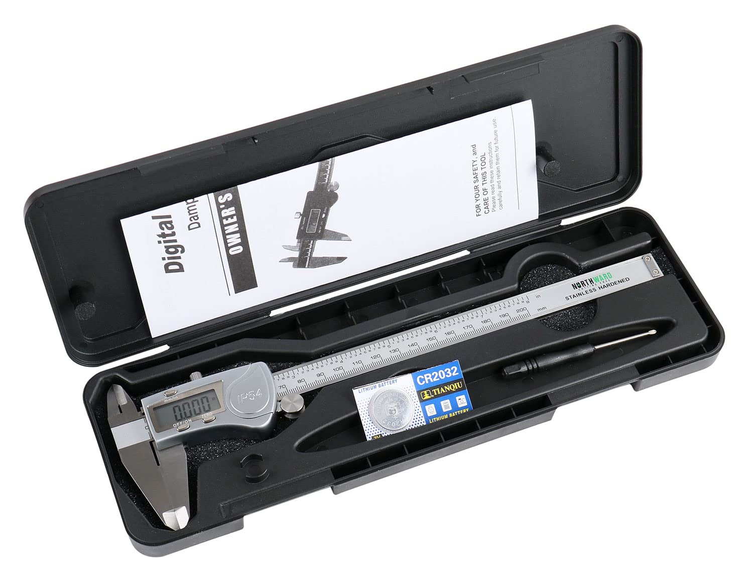 Digital Caliper, 0-8''/0-200 mm Range, 0.0005''/0.01 mm Resolution, Large LCD, Ip54 Water Resistant S608726