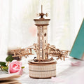 3D Wooden Puzzles Music Box DIY Model Craft Kits Mechanical Airplane-Control Tower E2107