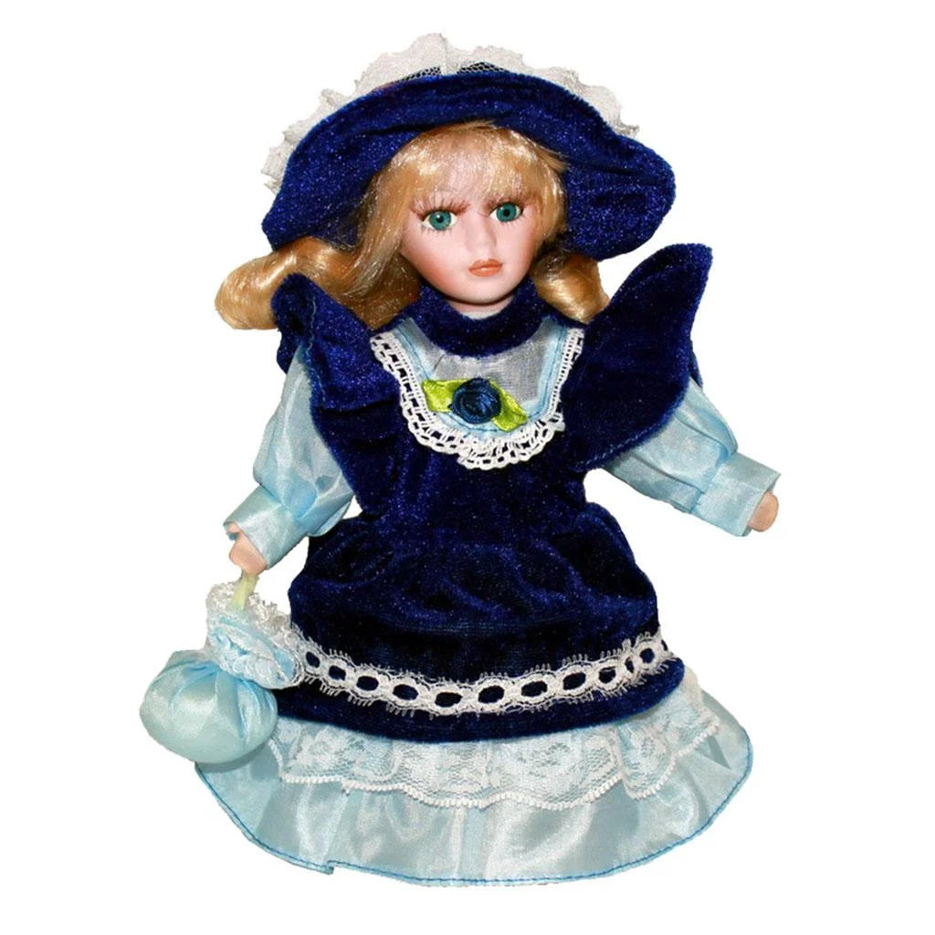 Blue Vintage Mini Porcelain Doll with Hat G21088