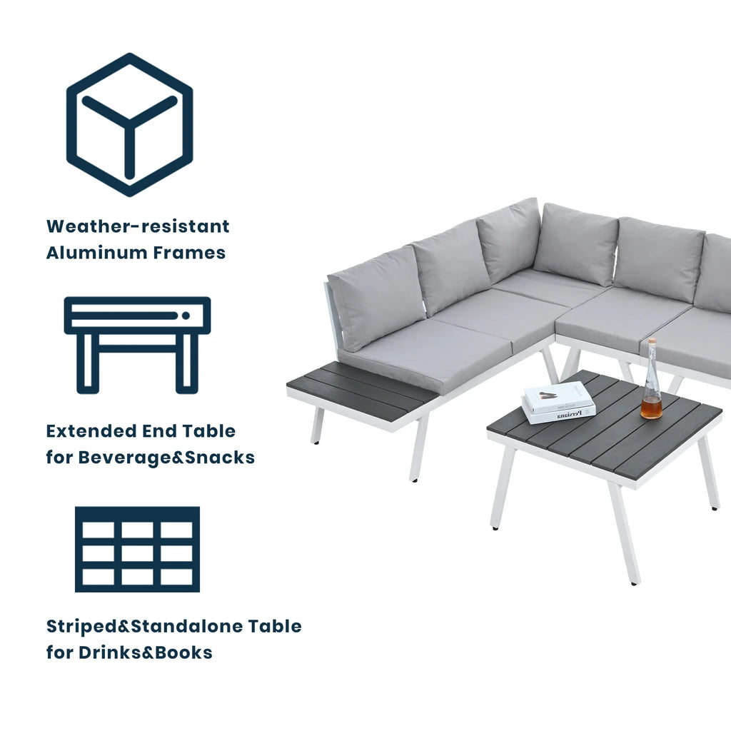White Aluminum Patio Sectional Sofa Set with End Tables and Coffee Table P6922