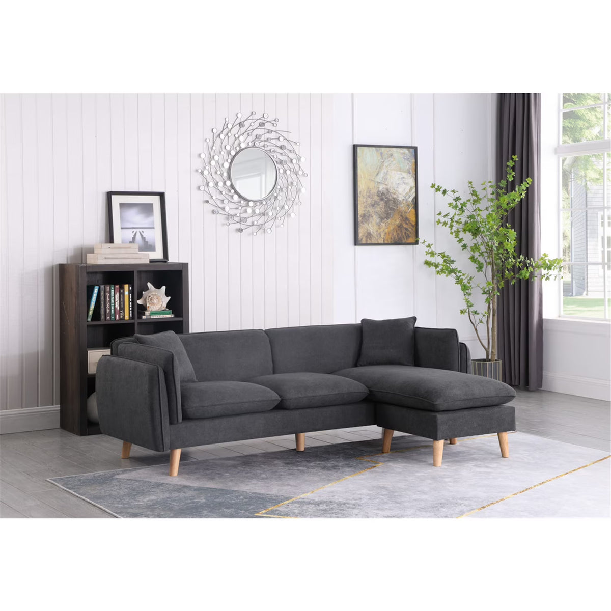 Dark Gray Fabric Sectional Sofa Chaise Ottoman with 2 Pillows Y1491