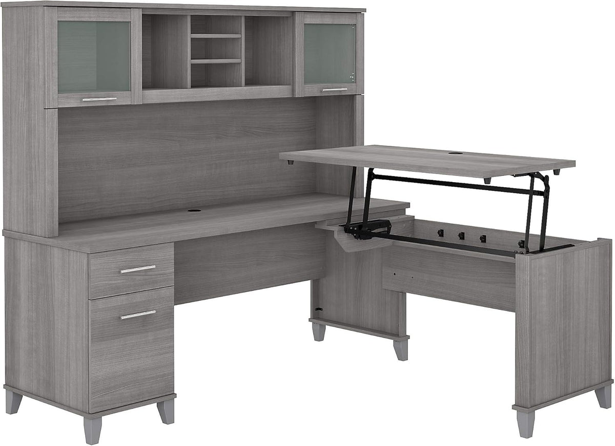 Sit to Stand L Shaped Desk with Hutch in Sand Oak K42337