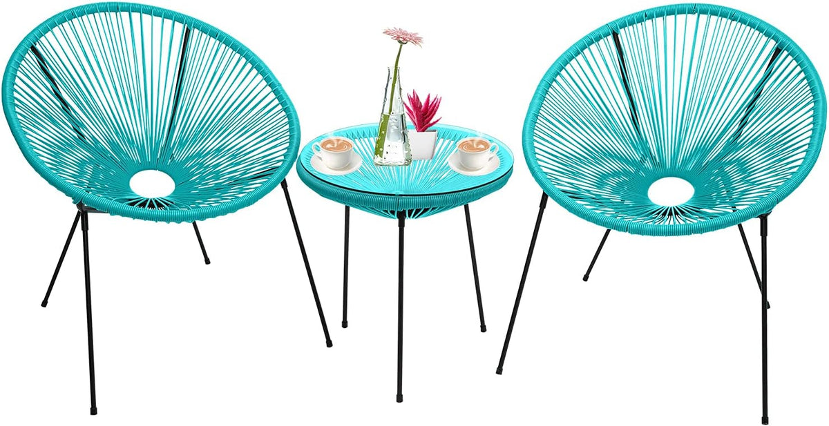 3-Piece Outdoor Acapulco Chair Patio Bistro Set with Glass Top Table (Blue) W71475