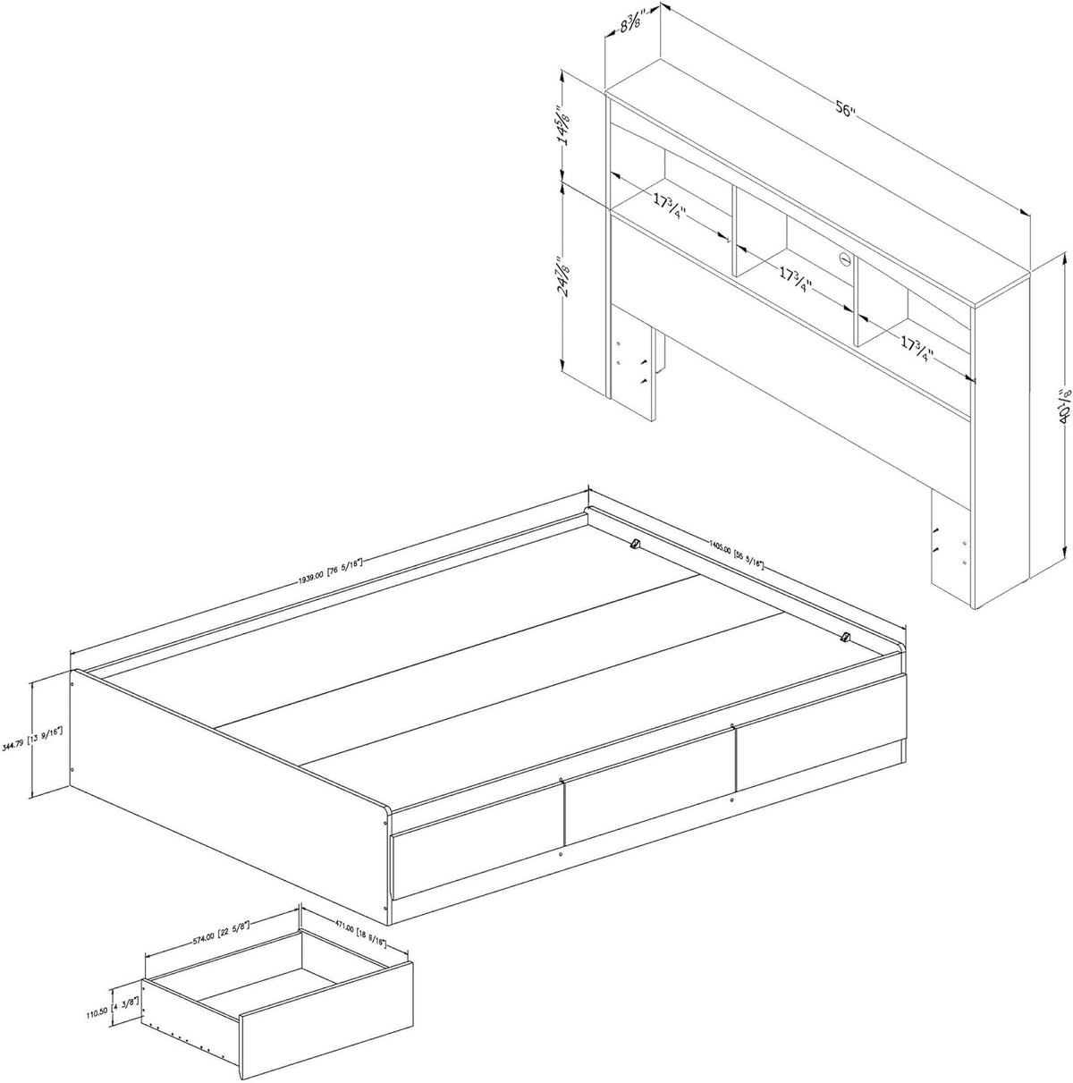 Full Bookcase Storage Bed in Pure White G349