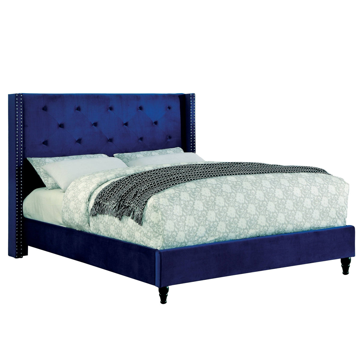 Blue Fabric Tufted Platform Bed U1302