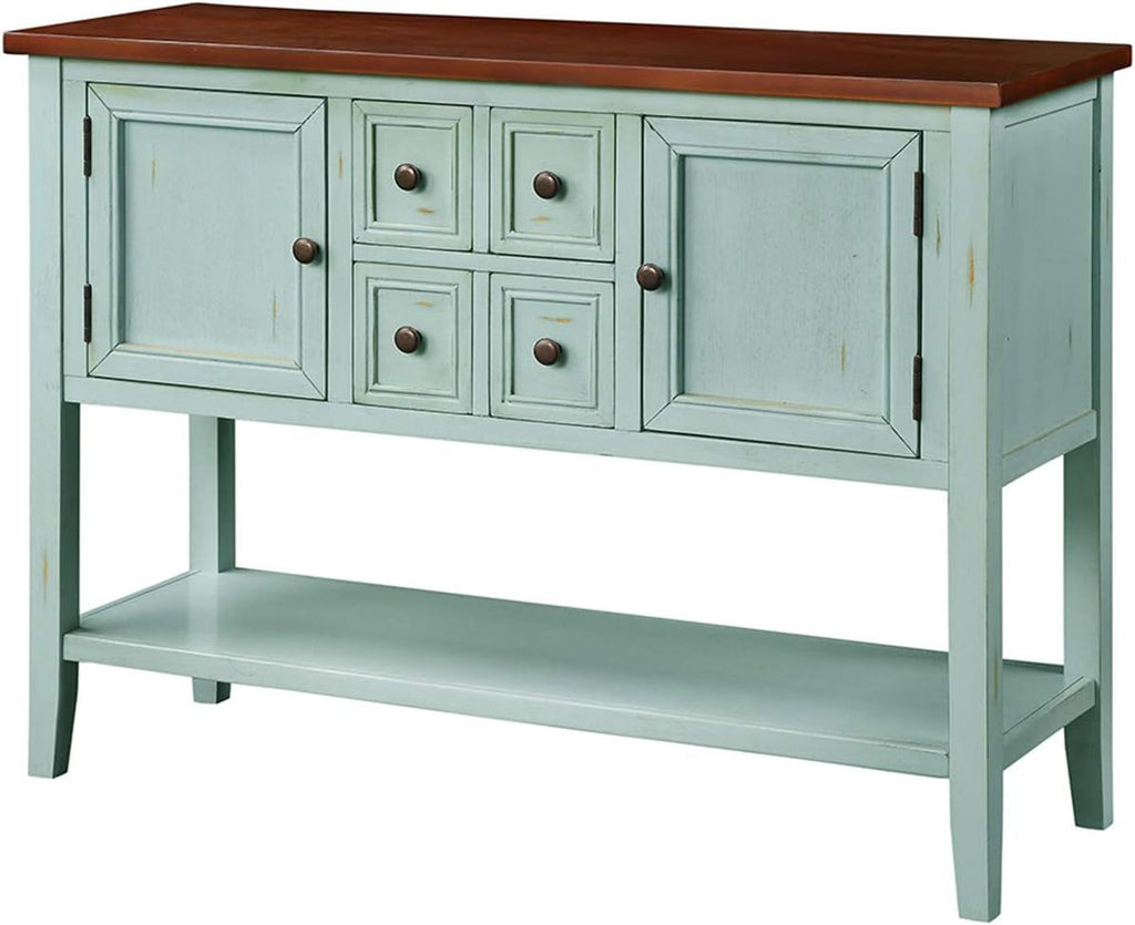 Retro Wood Console Table with 4 Storage Drawers, 2 Cabinets & Bottom Shelf, Antique Gray T719558