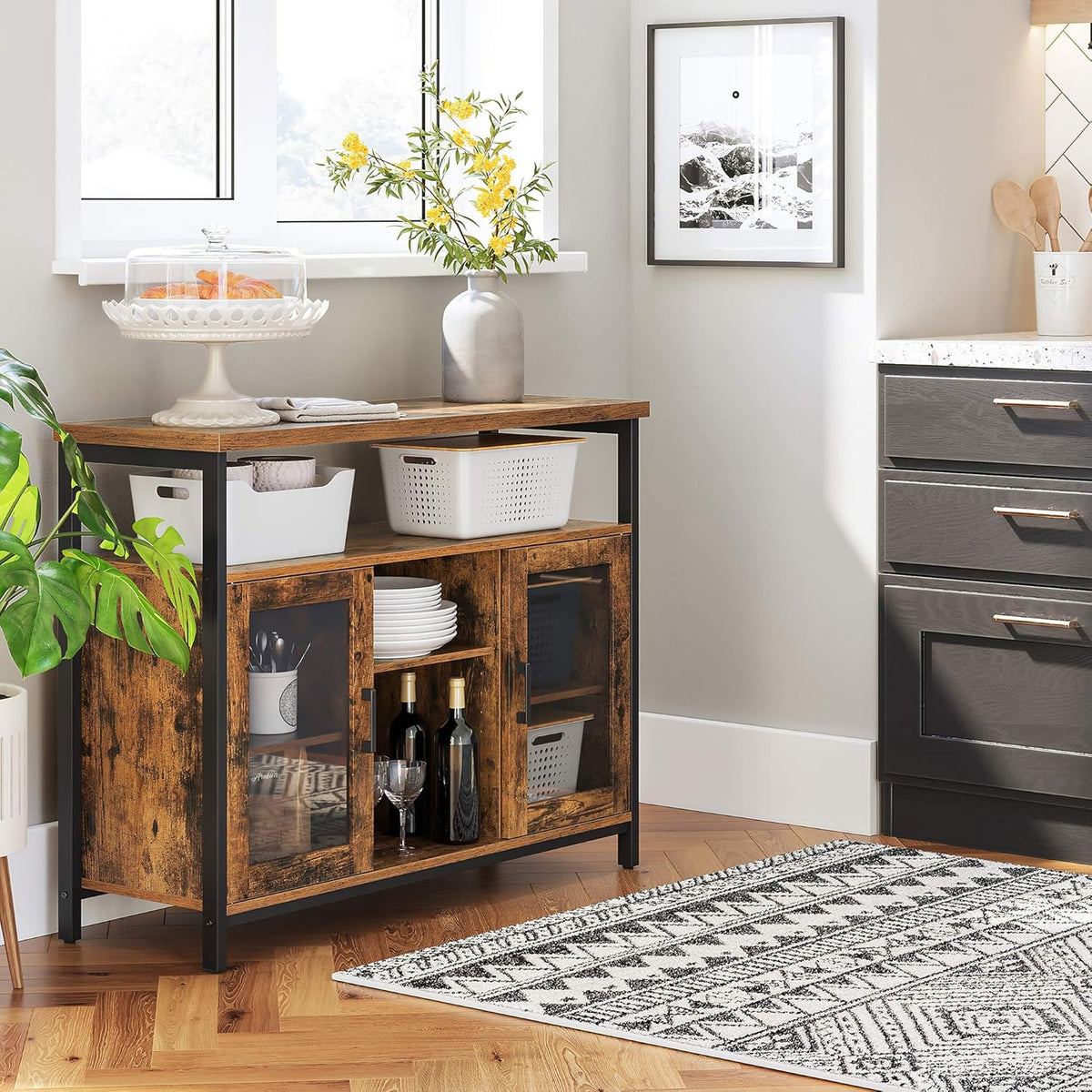 Rustic Brown and Black Buffet Cabinet with Glass Doors L907394