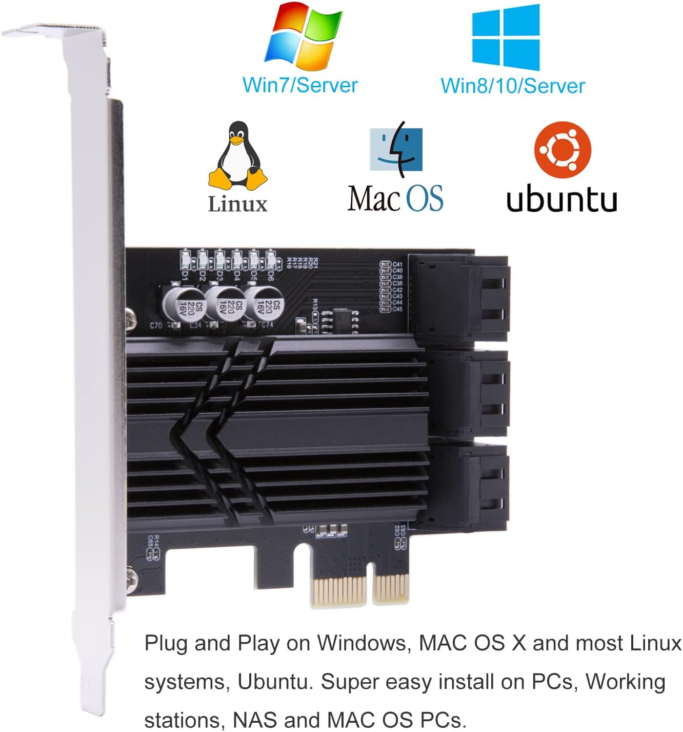 6 Ports PCIe SATA 3.0 6Gbps Expansion Controller Card with 6 SATA Cables and Heatsink X99028