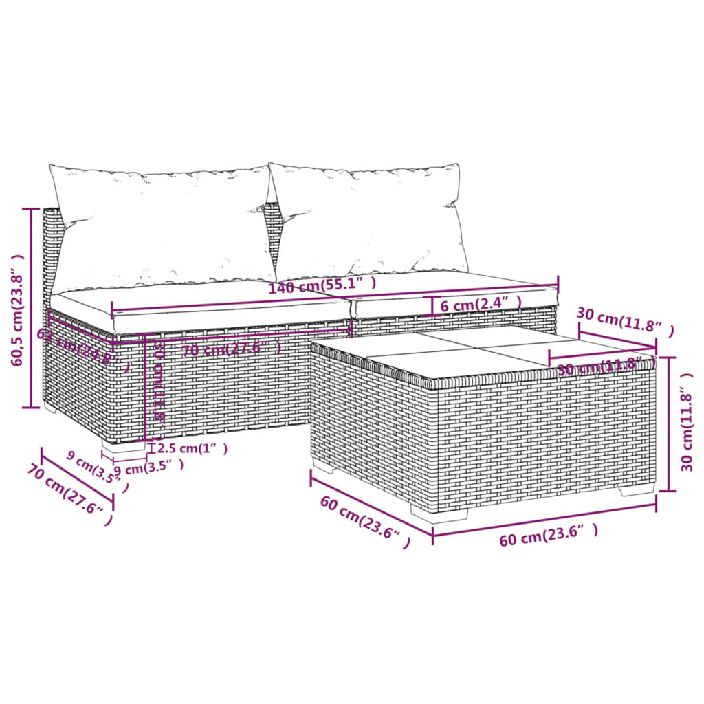 3 Piece Patio Lounge Set with Red Cushions, 2 Middle Sofas and Coffee Table, Brown Poly Rattan Outdoor Sectional Sofa Set Steel Frame N59510