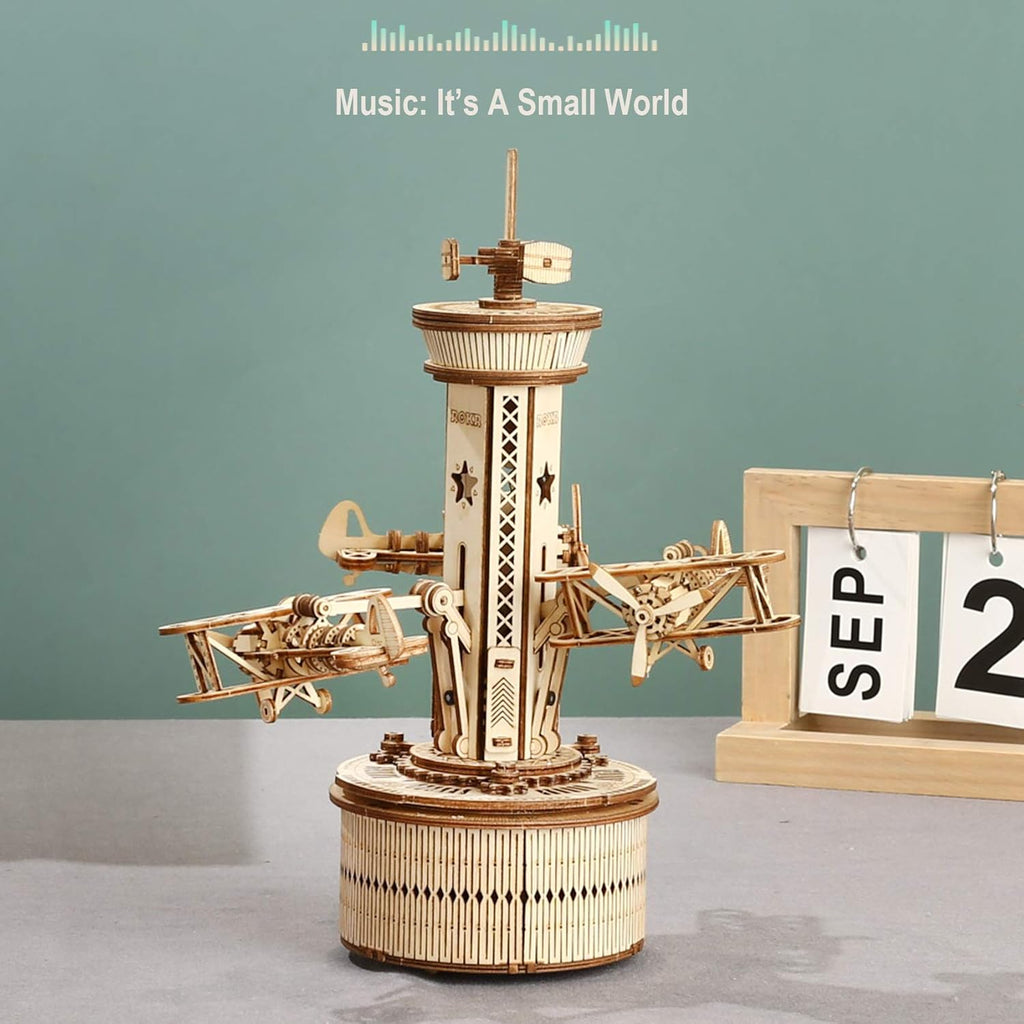 3D Wooden Puzzles Music Box DIY Model Craft Kits Mechanical Airplane-Control Tower E2107