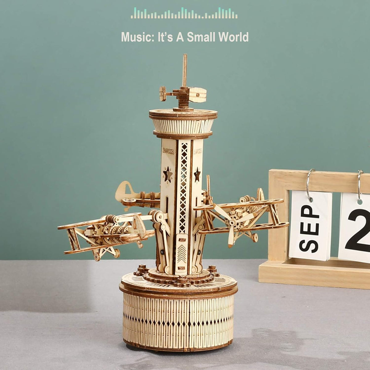 3D Wooden Puzzles Music Box DIY Model Craft Kits Mechanical Airplane-Control Tower E2107