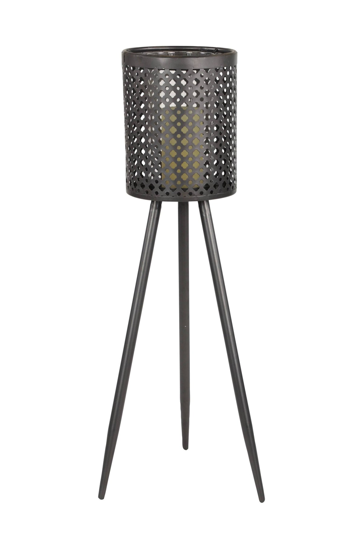 Large Round Pierced Black Metal Lantern Candle Holder with Tripod Base W194