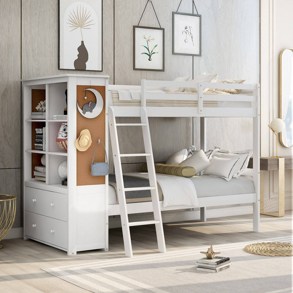 White Twin Over Twin Bunk Bed with Bookcase and 2 Drawers N794