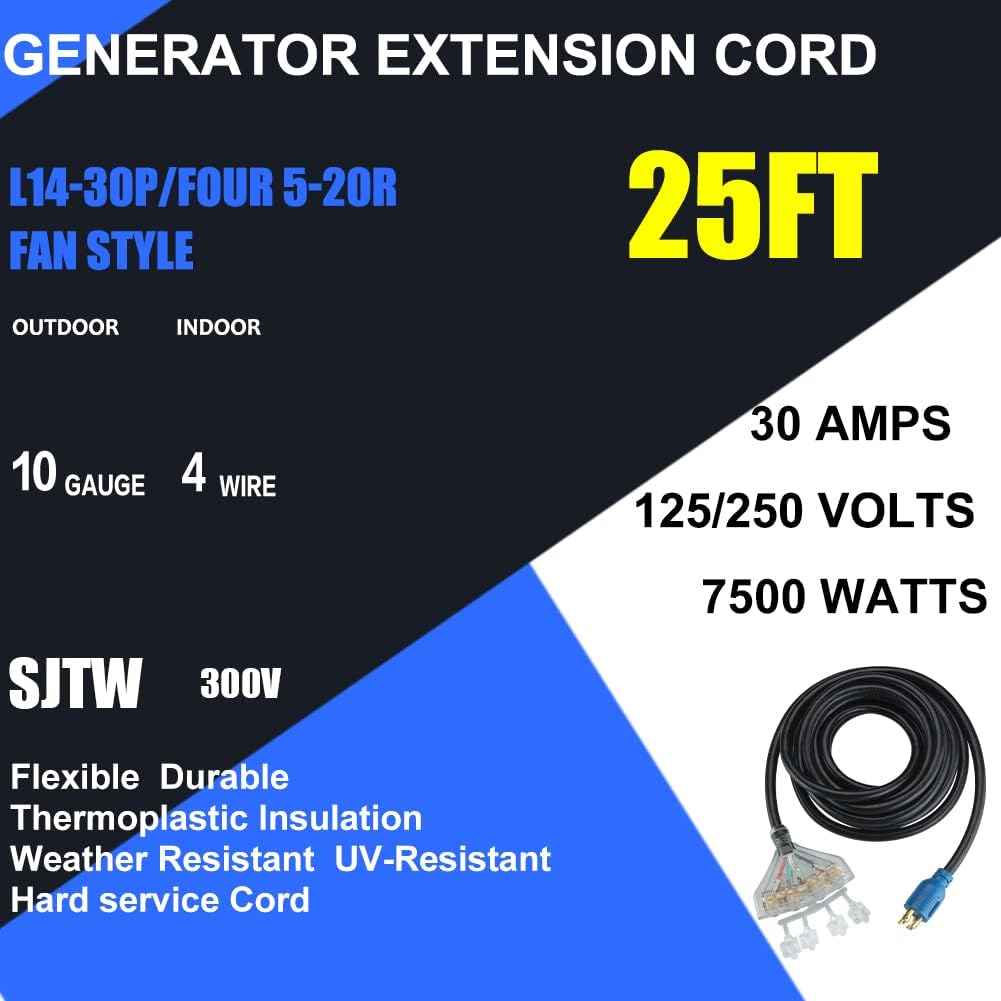 25 Feet 30 Amp 10 Gauge 4 Prong Generator Extension Cord 125/250V 7500W Pack of 2 K28656