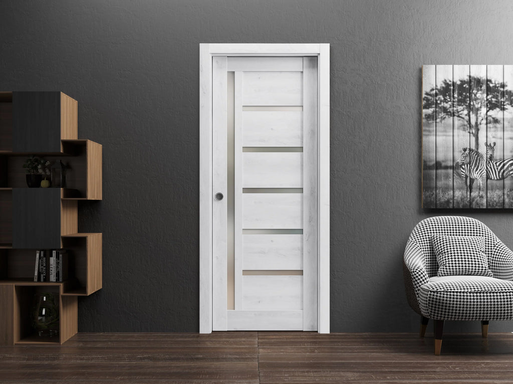 Nordic White Solid Wood Sliding French Pocket Door with Frosted Glass V891