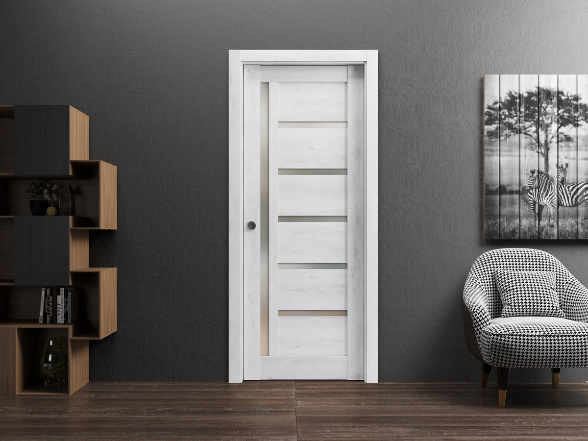 Nordic White Solid Wood Sliding French Pocket Door with Frosted Glass V891