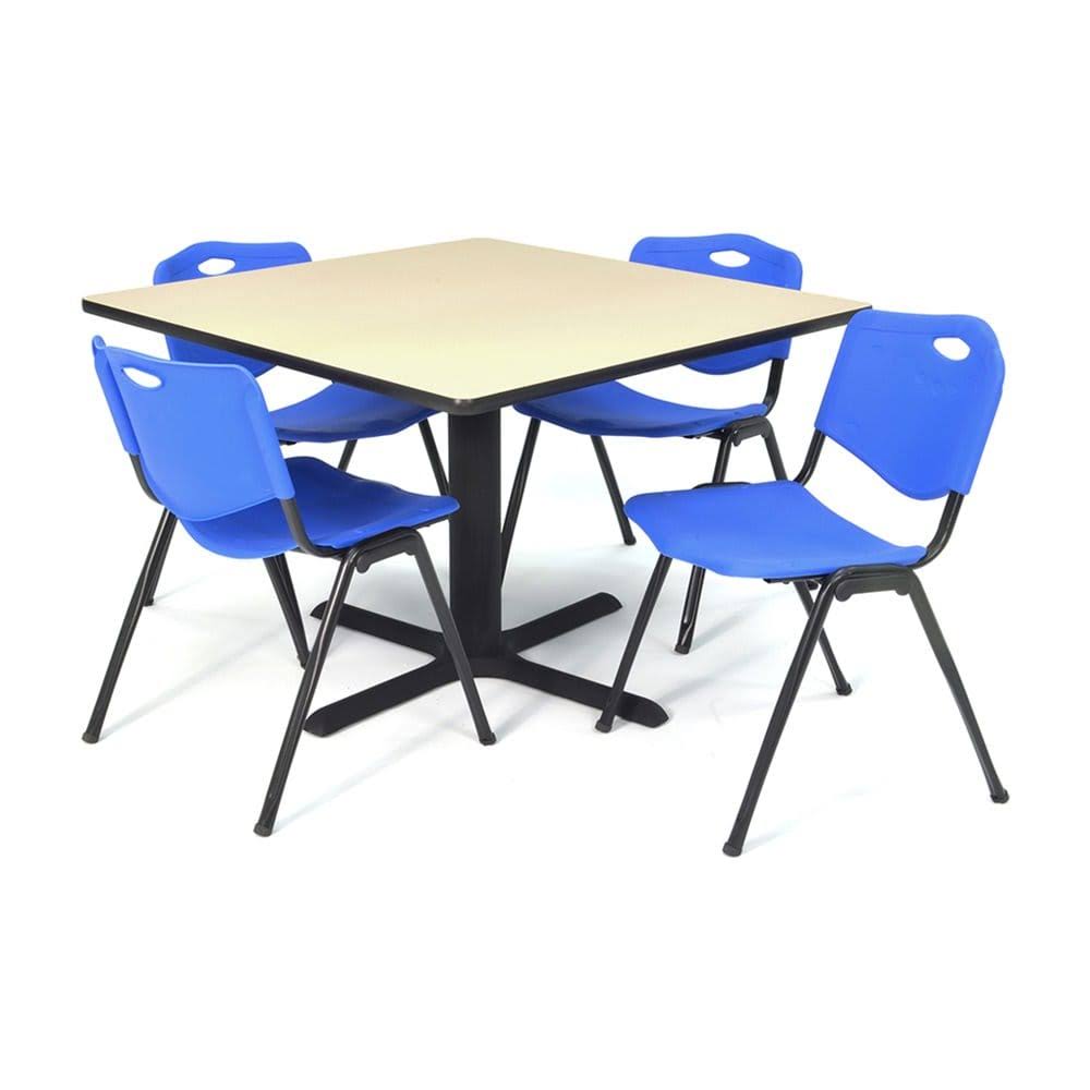 Beige Square Breakroom Table with 4 Blue Stack Chairs H51892
