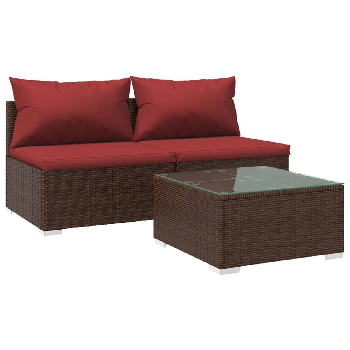 3 Piece Patio Lounge Set with Red Cushions, 2 Middle Sofas and Coffee Table, Brown Poly Rattan Outdoor Sectional Sofa Set Steel Frame N59510