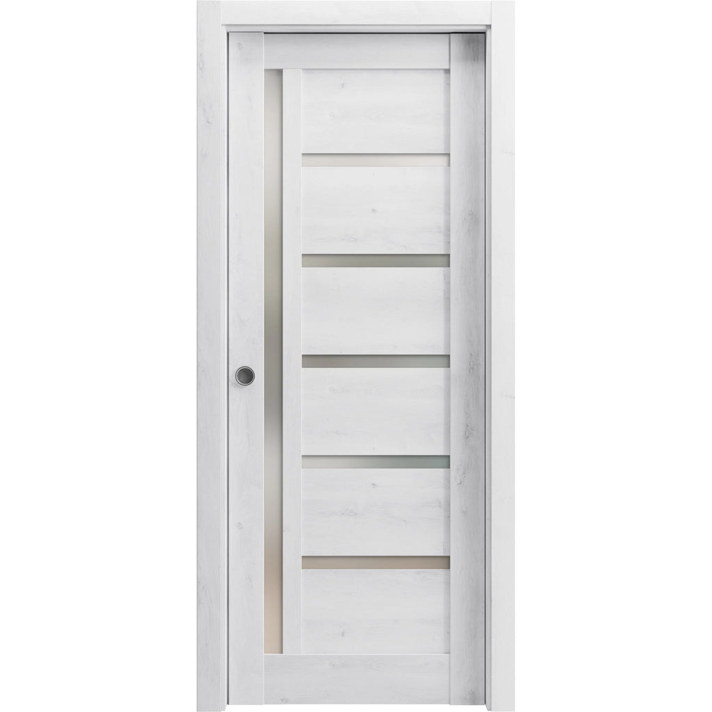 Nordic White Solid Wood Sliding French Pocket Door with Frosted Glass V891