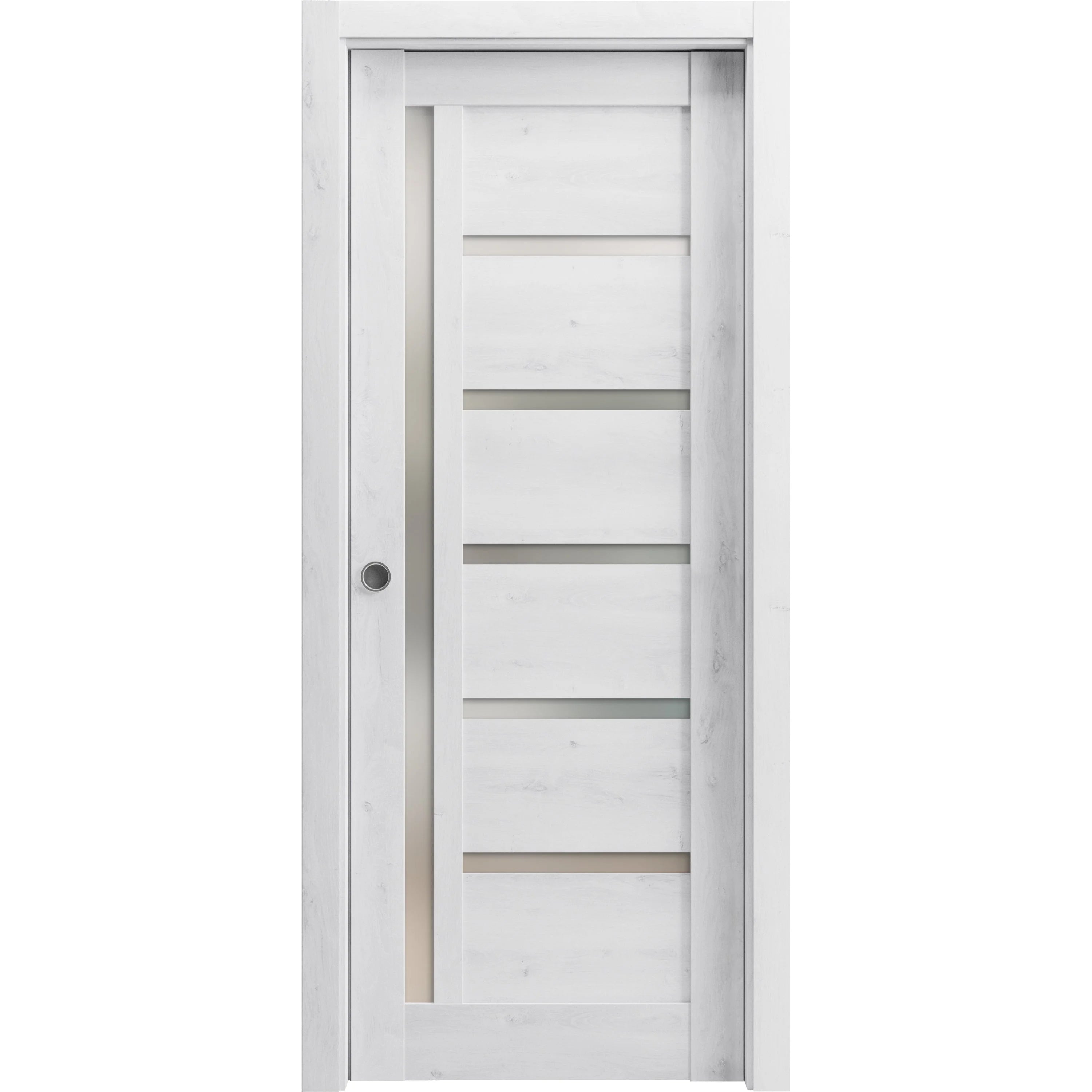 Nordic White Solid Wood Sliding French Pocket Door with Frosted Glass V891