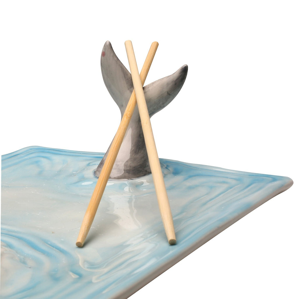 Shark Attack Sushi Plate, Hand-Painted Ceramic Serving Tray with Soy Sauce Holder and Chopsticks Rest O15089
