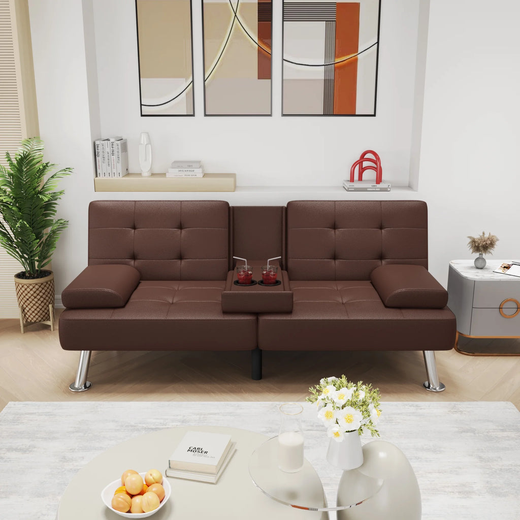 Futon Sofa Bed Faux Leather Convertible Folding Recliner with 2 Cup Holders F46929