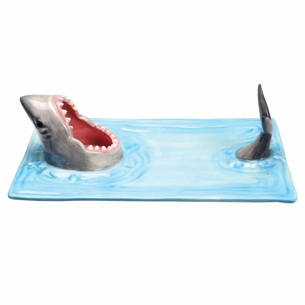 Shark Attack Sushi Plate, Hand-Painted Ceramic Serving Tray with Soy Sauce Holder and Chopsticks Rest O15089