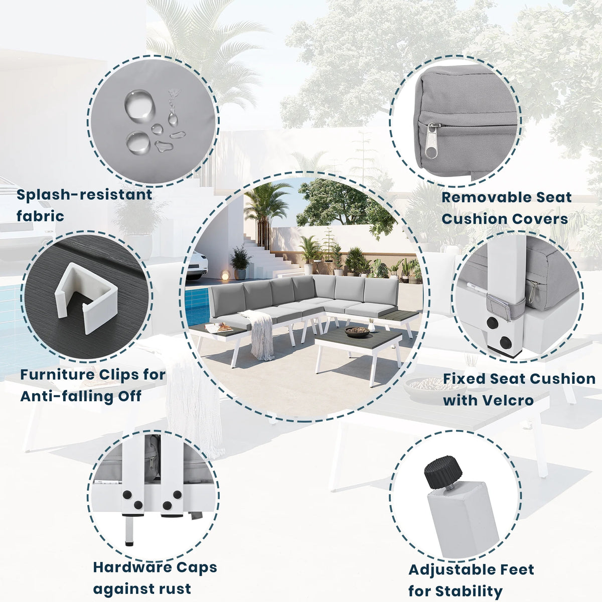 White Aluminum Patio Sectional Sofa Set with End Tables and Coffee Table P6922