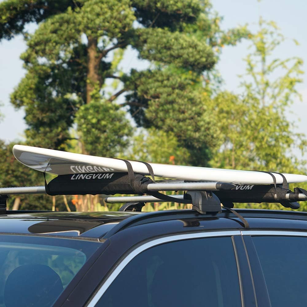 Soft Roof Rack Pads with Two 15 Ft Straps - 28” Car Carrier Racks for Kayak, Surfboard, SUP Paddleboard, Snowboard, Black Pack of 2 W778