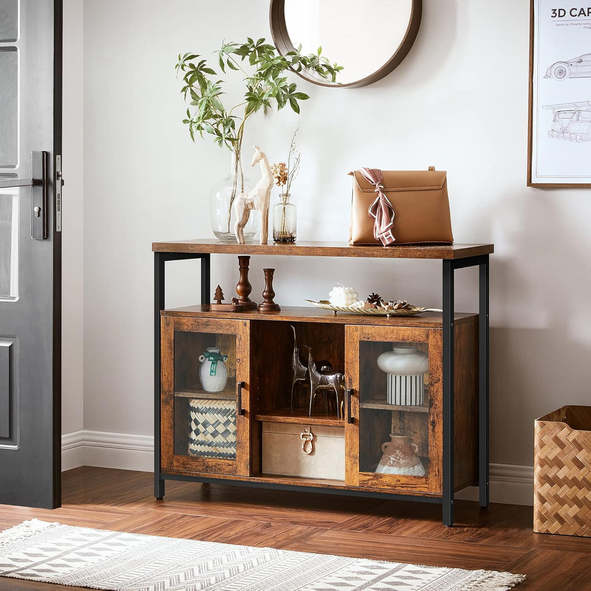 Rustic Brown and Black Buffet Cabinet with Glass Doors L907394