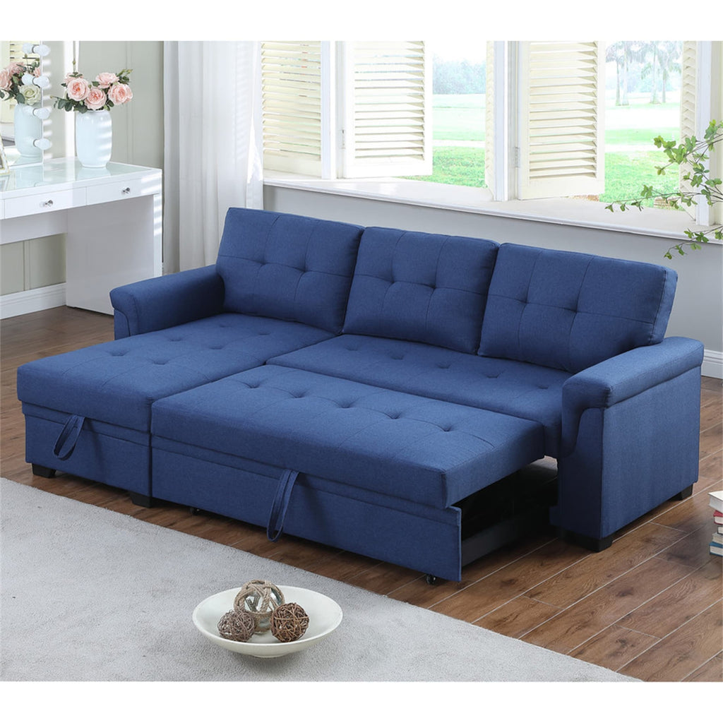 Blue Linen Reversible Sleeper Sectional Sofa with Storage Chaise U6549