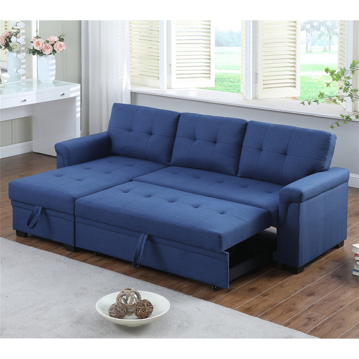 Blue Linen Reversible Sleeper Sectional Sofa with Storage Chaise U6549