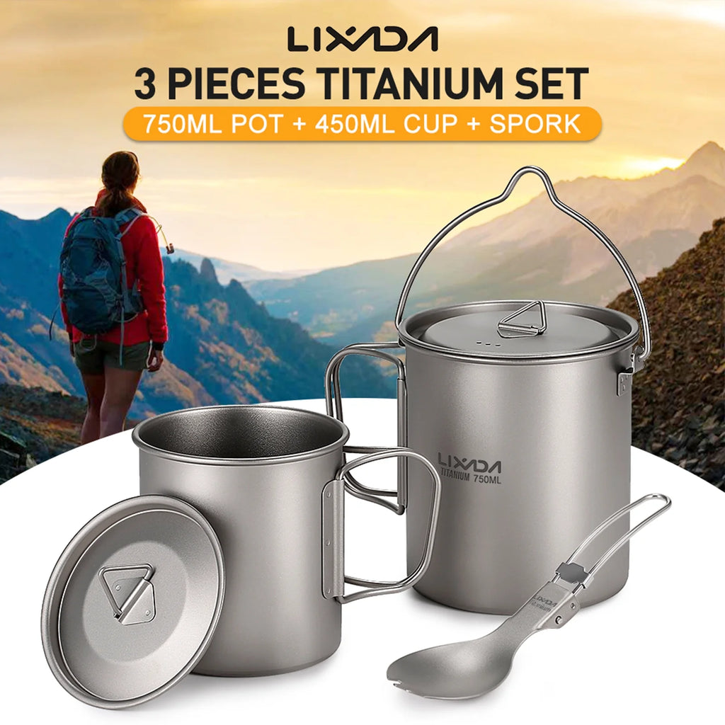 Titanium Outdoor Set with 750ml Pot, 450ml Cup, and Folding Spork G923