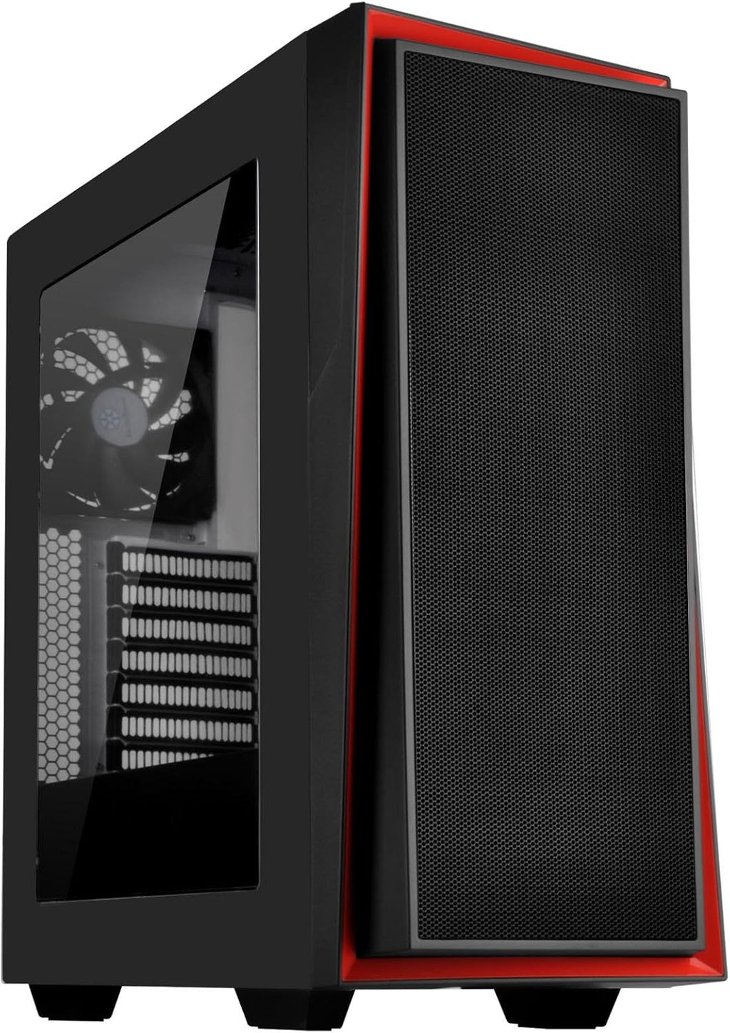 ATX Tower Computer Case with Three 120mm Red LED Intake Fans in Black and Red with Side Panel Window I513396