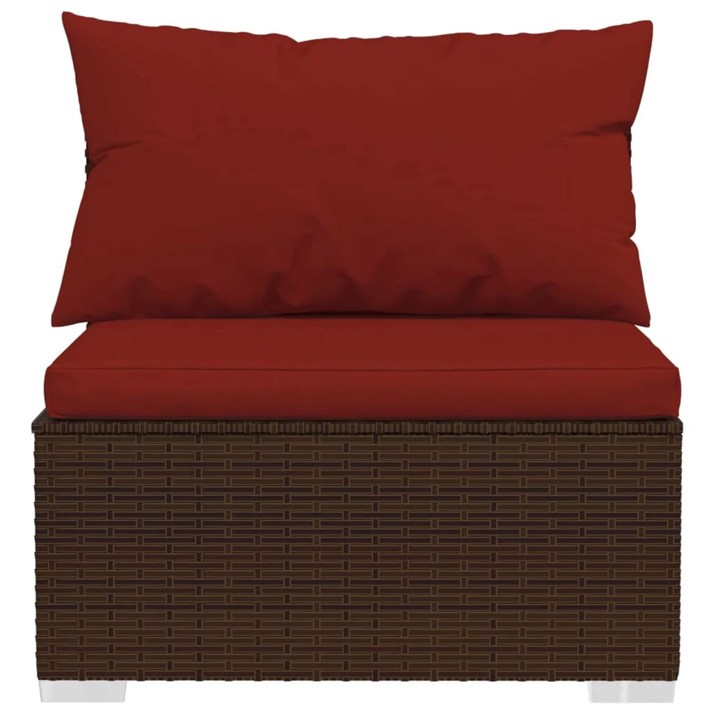 3 Piece Patio Lounge Set with Red Cushions, 2 Middle Sofas and Coffee Table, Brown Poly Rattan Outdoor Sectional Sofa Set Steel Frame N59510