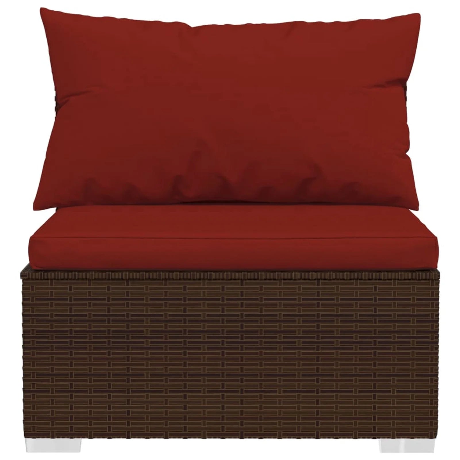 3 Piece Patio Lounge Set with Red Cushions, 2 Middle Sofas and Coffee Table, Brown Poly Rattan Outdoor Sectional Sofa Set Steel Frame N59510