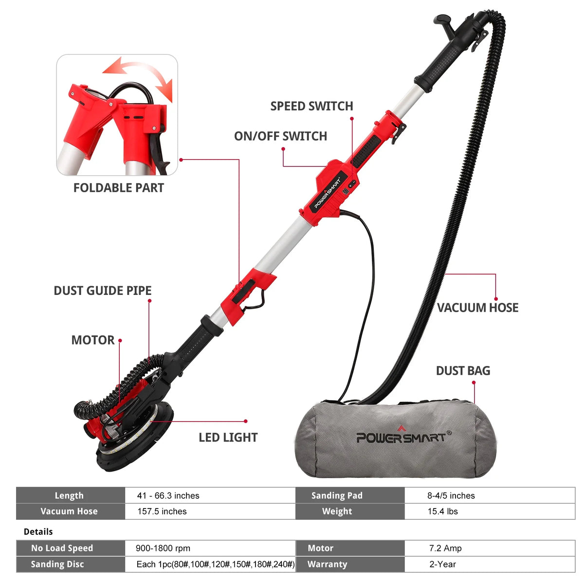 Electric Drywall Sander 120V with LED Strip Light and Dust Bag E142667