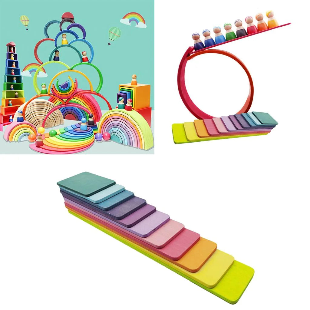 11pcs Wooden Rainbow Stacking Game Building Blocks L32340