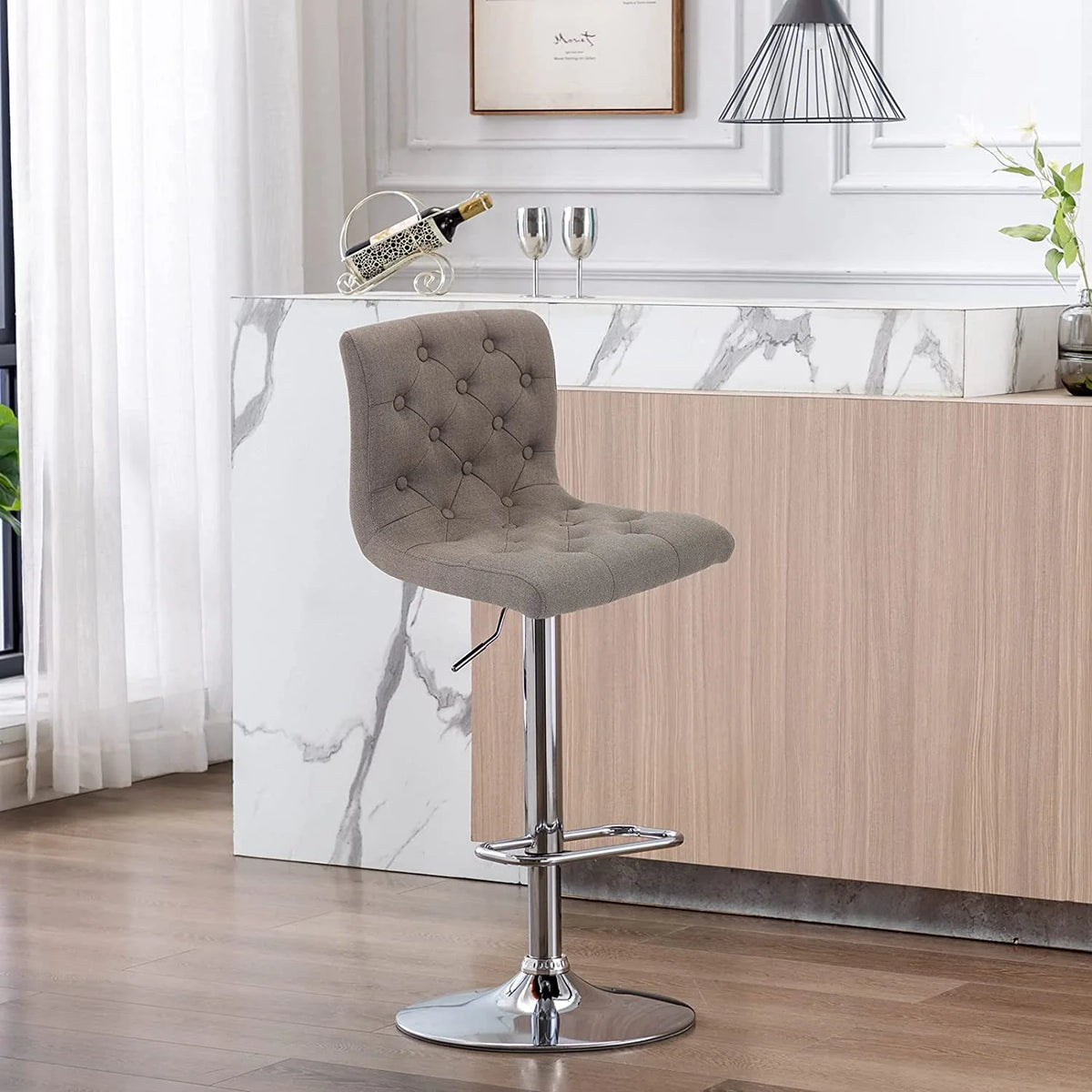 Tufted Swivel Bar Stool with Back, Fabric Upholstered Armless Bar Chair C949255