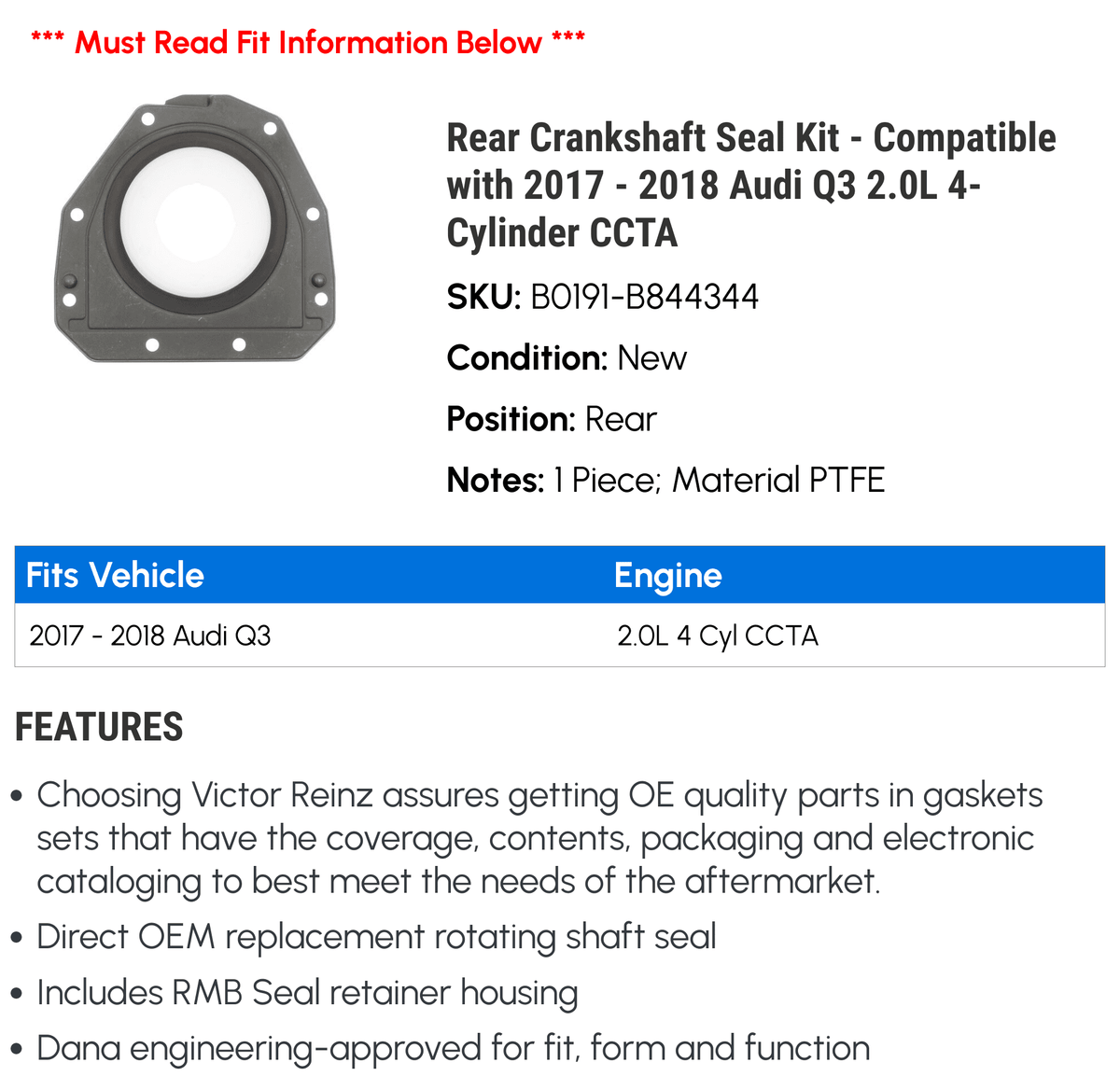 Rear Crankshaft Seal Kit for Audi Q3 2.0L 4-Cylinder G7455