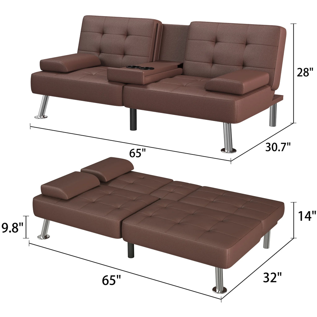 Futon Sofa Bed Faux Leather Convertible Folding Recliner with 2 Cup Holders F46929