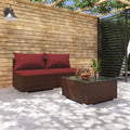 3 Piece Patio Lounge Set with Red Cushions, 2 Middle Sofas and Coffee Table, Brown Poly Rattan Outdoor Sectional Sofa Set Steel Frame N59510