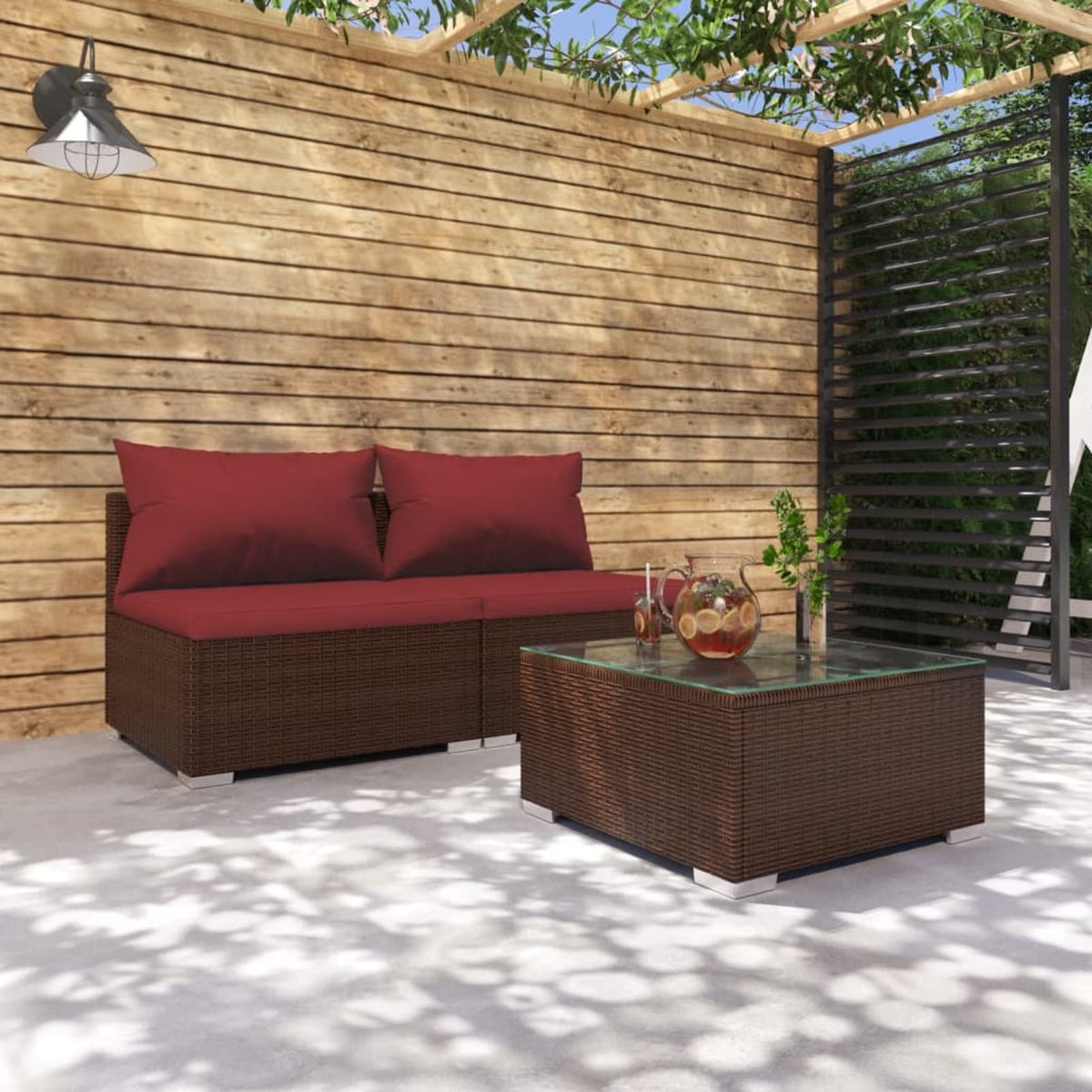 3 Piece Patio Lounge Set with Red Cushions, 2 Middle Sofas and Coffee Table, Brown Poly Rattan Outdoor Sectional Sofa Set Steel Frame N59510