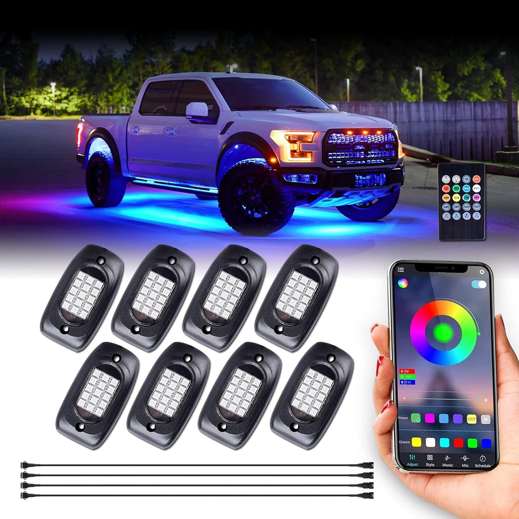 LED Rock Lights 8 Pods Waterproof Multicolor RGB Underglow Neon Lights Pack of 2 W14567