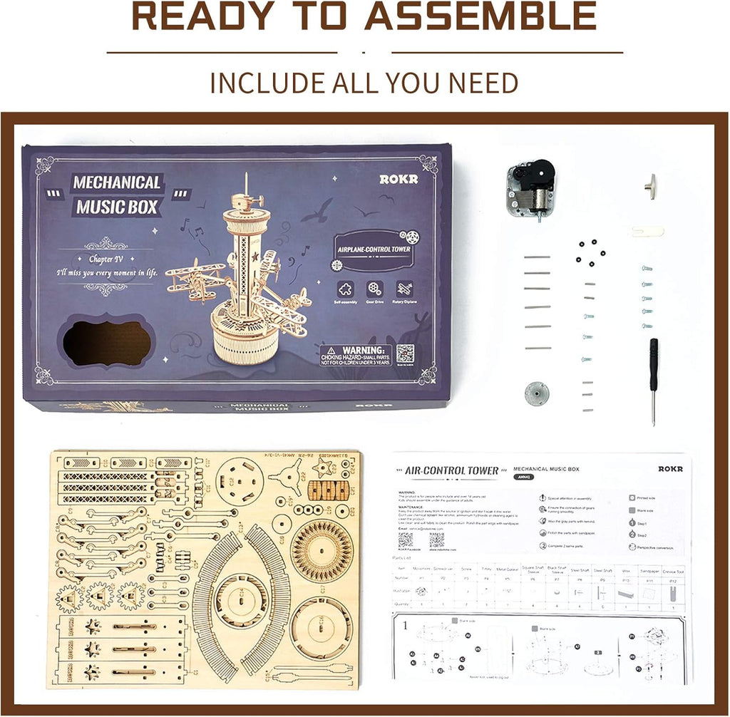 3D Wooden Puzzles Music Box DIY Model Craft Kits Mechanical Airplane-Control Tower E2107