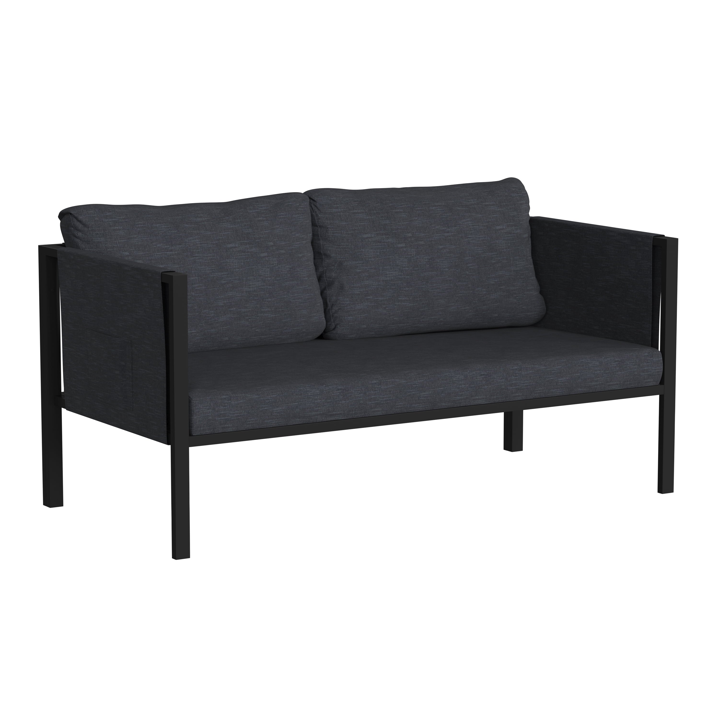 Black Steel Framed Patio Loveseat with Charcoal Cushions and 2 Storage Pockets L667895