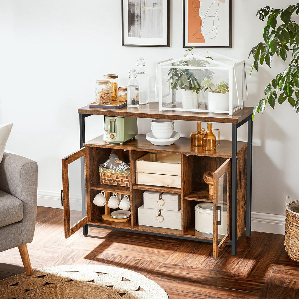Rustic Brown and Black Buffet Cabinet with Glass Doors L907394