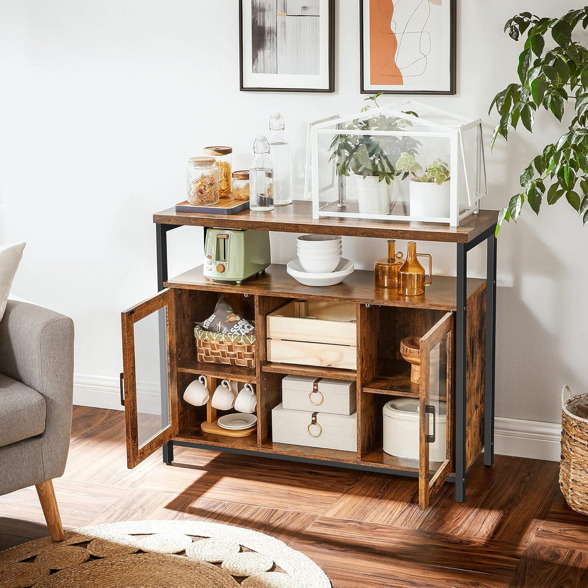 Rustic Brown and Black Buffet Cabinet with Glass Doors L907394